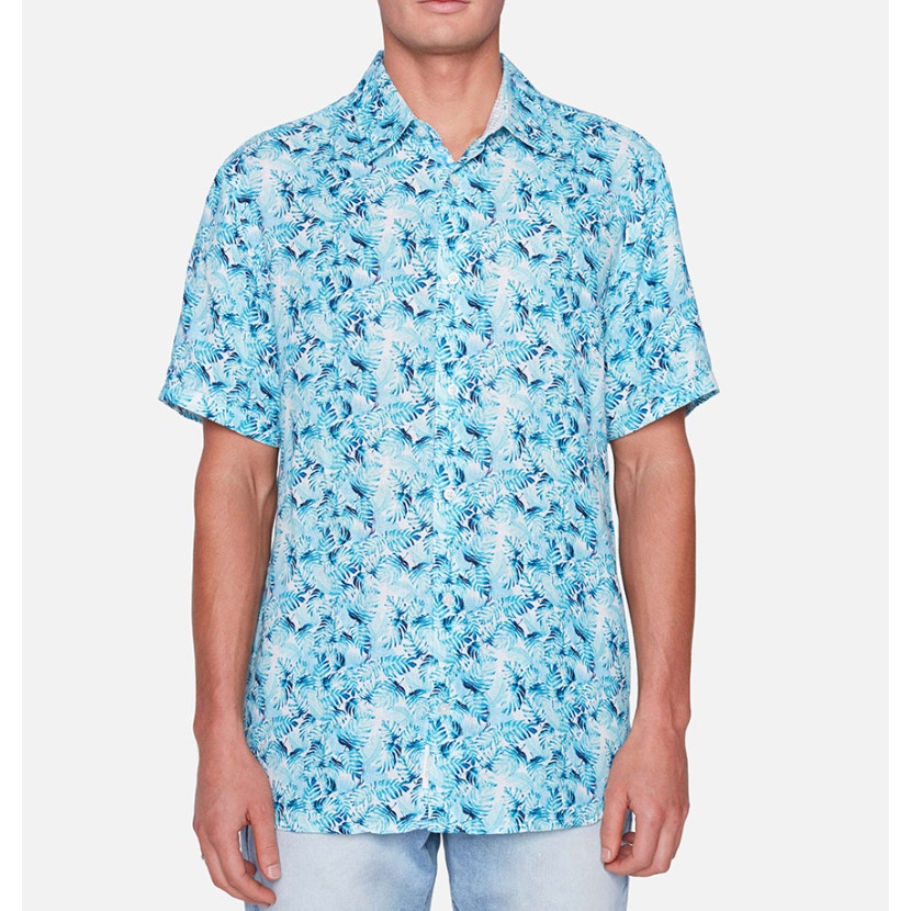 Projek Raw Linen Button-Up Shirt Mens Large Blue Tropical Short Sleeve